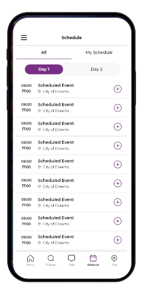 Mobile phone screen displaying the i-Con application's schedule screen.