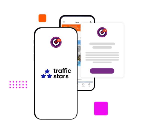 Two mobile phone displays overlapping. Presenting the i-Con application. Floating pop up box on the right with traffic stars logo