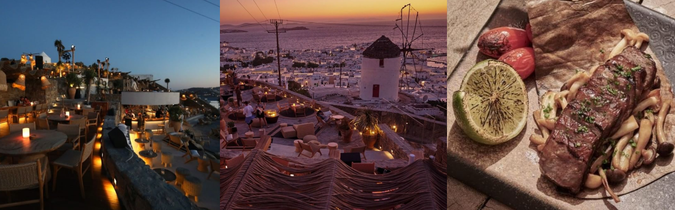 3 images. First is of a bar in the evening. Second is an image of Mykonos. third is a plate of food with meat and pasta