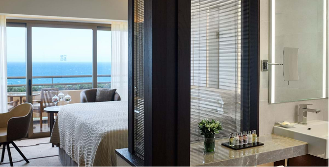 Four Seasons Hotel twin room with blinds open and view of the sea.