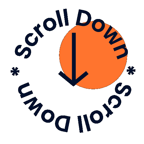 Gif of an arrow pointing down with the words 'Scroll Down' circling it, with an orange circle in the background.